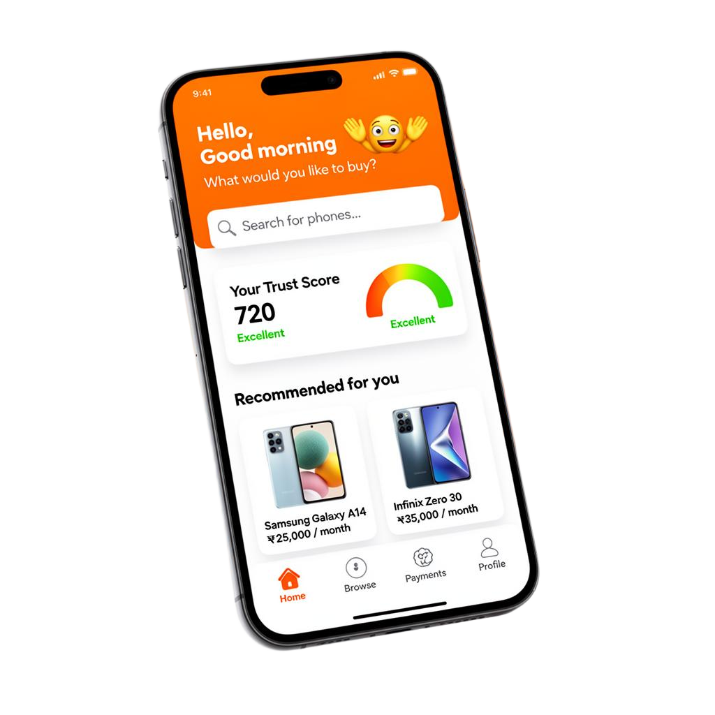 OnBuy mobile app showing trust score and recommended phones